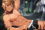  1boy abs arm_behind_head armpits black_male_underwear brown_eyes brown_hair bulge commentary drawstring gran_(granblue_fantasy) granblue_fantasy grass looking_at_viewer lying male_focus male_pubic_hair male_underwear nature nipples on_ground on_side pectorals pubic_hair short_hair smile topless_male underwear yaowu 