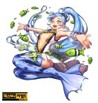  1girl blue_hair bracelet breasts cleavage fins fish full_body green_eyes highres jewelry legs_up long_hair medium_breasts navel open_mouth original ponytail rinotuna simple_background sleeveless smile solo very_long_hair white_background 