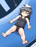  1girl :o akatuki_(yamina) bangs black_hair black_swimsuit blush closed_eyes hat highres hishaku lying murasa_minamitsu on_back open_mouth sailor_hat short_hair solo swimsuit touhou 