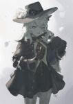  1girl absurdres animal_ears arknights black_coat black_dress black_gloves black_headwear blue_eyes chinese_commentary coat commentary_request cowboy_shot dress english_commentary gloves grey_background hat highres holding holding_pocket_watch lappland_(arknights) lappland_(refined_horrormare)_(arknights) long_hair mixed-language_commentary official_alternate_costume open_mouth pocket_watch scar scar_across_eye scar_on_cheek scar_on_face smile solo watch white_hair wolf_ears zygocactus 