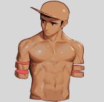  1boy abs baseball_cap biceps black_hair brown_headwear cropped_arms cropped_torso grey_background hat male_focus navel original pectorals rinotuna shadow short_hair simple_background solo topless_male 