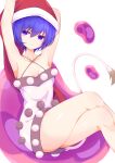  1girl armpits arms_up bangs bare_shoulders breasts brown_dress chair collarbone crossed_legs doremy_sweet dress eyebrows_visible_through_hair eyes_visible_through_hair hair_between_eyes hands_up hat highres looking_to_the_side open_mouth pom_pom_(clothes) purple_eyes purple_hair red_headwear short_hair simple_background sitting sleeveless sleeveless_dress small_breasts solo tail tomoe_(fdhs5855) touhou white_background white_dress 