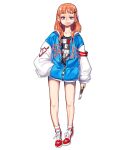  1girl bangs bare_legs blue_eyes full_body hair_ornament hand_in_pocket highres holding long_hair long_sleeves orange_hair original parted_lips print_shirt rinotuna shirt shoes simple_background smile socks solo standing tongue tongue_out white_background 