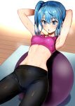  1girl absurdres armpits arms_behind_head arms_up ball bangs black_pants blue_eyes blue_hair blush breasts commentary_request cowboy_shot exercise exercise_ball eyebrows_visible_through_hair hair_between_eyes highres hololive hoshimachi_suisei long_hair looking_away medium_breasts navel pants pink_sports_bra pukara sit-up solo sports_bra star_(symbol) star_in_eye stomach sweat symbol_in_eye virtual_youtuber 