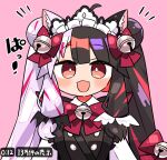  1girl :d ahoge animal_ear_fluff animal_ears bangs bell black_dress black_hair bow cat_ears collared_shirt commentary_request double_bun dress eyebrows_visible_through_hair hair_bell hair_bow hair_ornament jingle_bell kanikama long_hair looking_at_viewer maid_headdress multicolored_hair nijisanji notice_lines pink_background pink_hair purple_hair red_bow red_eyes romaji_commentary shirt simple_background sleeveless sleeveless_dress smile solo split-color_hair streaked_hair translated twintails two-tone_hair upper_body virtual_youtuber white_shirt yorumi_rena 