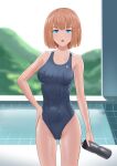  1girl absurdres blue_eyes blue_swimsuit bottle breasts competition_swimsuit covered_navel cowboy_shot english_commentary highleg highleg_swimsuit highres holding holding_bottle looking_at_viewer medium_breasts one-piece_swimsuit orange_hair original poolside shift_(shiftillust) short_hair solo standing swimsuit water_bottle wet wet_clothes wet_swimsuit 