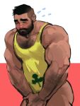  1boy ass bara beard blush bottomless chest_hair covering covering_crotch embarrassed facial_hair flying_sweatdrops highres jang_ju_hyeon male_focus muscular muscular_male mustache naked_shirt original pectoral_cleavage pectorals shirt short_hair solo tank_top thick_eyebrows thighs undercut yellow_tank_top 