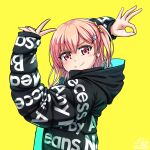  1girl absurdres bang_dream! bangs black_jacket bow cat_hair_ornament commission down_jacket drip_(meme) english_commentary from_side goodbye_sengen_(vocaloid) hair_behind_ear hair_bow hair_ornament highres hiromachi_nanami hood hooded_jacket jacket meme ok_sign pink_eyes pink_hair senpaihawkkun side_ponytail signature smile solo supreme yellow_background yellow_bow 