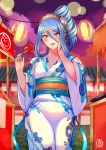  1girl artist_logo artist_name azura_(fire_emblem) blue_hair blush candy_apple earrings festival fingernails fire_emblem fire_emblem_fates food food_stand hand_on_own_face headband highres japanese_clothes jewelry kimono lantern long_fingernails obi revolverwing sash smile tied_hair yellow_eyes 