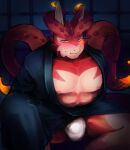  1boy abs bara bare_pectorals blush bulge colored_sclera cthugha_(housamo) fundoshi furry furry_male indoors japanese_clothes kenetsu_sumi_(no_miso_crash) kimono large_pectorals looking_at_viewer male_focus male_underwear monster_boy muscular muscular_male nipples octopus_boy open_clothes open_kimono pectorals pout purple_eyes sitting solo spread_legs stomach tentacle_hair tentacles thick_eyebrows thick_thighs thighs tokyo_afterschool_summoners underwear white_male_underwear yellow_sclera 