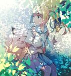  1girl bangs blonde_hair blunt_bangs clefairy closed_mouth collarbone dated eyelashes green_eyes knees leaf lillie_(pokemon) long_hair looking_back pleated_skirt pokemon pokemon_(creature) pokemon_(game) pokemon_sm ponytail r.aka. shirt short_sleeves signature sitting skirt white_shirt white_skirt 