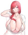  1girl armpits breasts cleavage commentary covered_nipples dress hair_tucking halterneck hongryeon_(last_origin) huge_breasts jewelry last_origin looking_at_viewer low_neckline midriff mole mole_under_eye necklace plunging_neckline red_eyes red_hair side_ponytail sideboob simple_background sketch sleeveless sleeveless_dress smile solo spot_color symbol-only_commentary tied_hair white_background white_dress xiangzi_box 