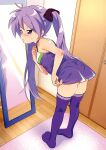  1girl adjusting_clothes bedroom blush cheerleader commentary_request embarrassed full-length_mirror hair_ribbon highres hiiragi_kagami hotaru_iori ichimi_renge indoors leaning_forward legs long_hair looking_back lucky_star no_shoes purple_eyes purple_hair purple_legwear revision ribbon sleeveless solo standing sweatdrop thighhighs tsurime twintails very_long_hair 