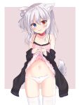  1girl animal_collar animal_ear_fluff animal_ears blue_eyes breasts camisole camisole_lift clothes_down collar dog_ears dog_tail hair_ribbon hanakoizumi_yoruno heterochromia highres lifted_by_self long_sleeves medium_hair one_side_up original panties red_eyes ribbon silver_hair small_breasts tail thighhighs underwear white_legwear white_panties yoruno_aoi 
