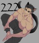  1boy abs animal_ears bara black_hair black_pants cat_boy cat_ears cat_tail dark-skinned_male dark_skin foot_out_of_frame from_above highres large_pectorals looking_at_viewer looking_up male_focus muscular muscular_male nipples original pants pectorals short_hair sitting solo tail topless_male torawar 