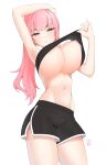  1girl absurdres arcbun arm_up armpits bangs breasts cleavage clothes_lift highres hololive hololive_english large_breasts long_hair looking_at_viewer mori_calliope navel nipples pink_hair red_eyes shirt_lift shorts simple_background solo sweat virtual_youtuber white_background 