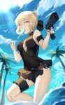  1girl absurdres ahoge artoria_pendragon_(alter_swimsuit_rider)_(fate) artoria_pendragon_(fate) blonde_hair blue_sky breasts cloud fate/grand_order fate_(series) food gun handgun highres kyo_(maae00) medium_breasts mouth_hold palm_tree pistol popsicle sky solo thigh_strap tree wading water water_gun weapon yellow_eyes 