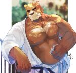  1boy ahamma animal_ears bara bare_pectorals bear_boy bear_ears belly brown_fur chest_hair dougi feet_out_of_frame furry furry_male large_pectorals looking_to_the_side male_focus mature_male muscular muscular_male navel nipples open_clothes open_shirt original pectorals plump short_hair sideburns smile solo stomach sunlight sweat thick_eyebrows wiping_sweat 