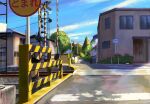  blue_sky building bush commentary_request day door hankachi_(okayama012) hiragana house no_humans original plant power_lines railroad_crossing railroad_tracks road road_sign scenery shade sign sky sunlight tree utility_pole window 