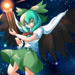  1girl arm_cannon bangs bird_wings black_wings blouse bow cape cosplay eyebrows_visible_through_hair front_ponytail green_bow green_eyes green_skirt hair_bow highres kagiyama_hina looking_at_viewer mizusoba open_mouth red_bow reiuji_utsuho reiuji_utsuho_(cosplay) skirt sky solo star_(sky) starry_sky touhou weapon white_blouse white_cape wings 