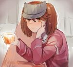  1girl bangs blush brown_hair cup elbow_rest hagioshi hat head_rest highres holding holding_cup japanese_clothes kantai_collection kariginu long_hair long_sleeves looking_at_viewer orange_eyes ryuujou_(kancolle) solo table twintails upper_body visor_cap 