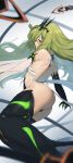  1girl :p absurdres ass asymmetrical_gloves backless_dress backless_outfit bare_shoulders black_dress black_gloves blurry blurry_foreground crown dress gloves green_hair highres honkai_(series) honkai_impact_3rd long_hair looking_at_viewer mismatched_gloves mobius_(honkai_impact) purple_eyes rou_(rou22) see-through_sleeves single_sleeve solo tongue tongue_out 