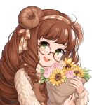  1girl blush brown-framed_eyewear brown_hair commission eyebrows_visible_through_hair flower freckles glasses green_eyes highres horns lips long_hair long_sleeves looking_at_viewer messy_hair open_mouth original rose round_eyewear sheep_girl sheep_horns smile solo sunflower susukitten teeth upper_body upper_teeth 