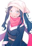  1girl akari_(pokemon) black_hair black_jacket black_undershirt blush bright_pupils dated eyelashes grey_eyes head_scarf highres jacket long_hair open_mouth pink_scarf pokemon pokemon_(game) pokemon_legends:_arceus ponytail r.aka. sash scarf sidelocks signature smile solo teeth tongue undershirt upper_teeth white_background white_headwear white_pupils 