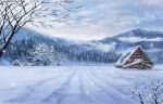  bare_tree cloud commentary_request day forest highres house landscape mountain nature no_humans nzwt original rural scenery sky snow snowing tree winter 