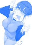  1girl bangs blue_theme blush breasts claw_pose getsuyoubi_no_tawawa hair_over_eyes himura_kiseki_(style) kamizaki_hibana large_breasts long_hair long_sleeves maegami-chan_(tawawa) monochrome tawawa_group 