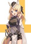  1girl :d animal_ears arknights armor black_bow black_headwear black_shorts blonde_hair blue_eyes bow cape cowboy_shot fang grey_sleeves grey_sweater hair_bow hand_up hat highres horse_ears horse_girl horse_tail long_hair long_sleeves looking_at_viewer open_mouth pelvic_curtain sakutaishi sheath sheathed shorts simple_background smile solo sweater sword tail thick_eyebrows two-tone_background v-shaped_eyebrows weapon whislash_(arknights) white_background white_cape yellow_background 