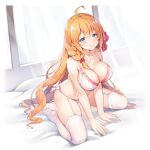  1girl ahoge arm_support ascot ass_visible_through_thighs blue_eyes bra braid breasts collarbone garter_belt hair_ribbon highres indoors lace lace_trim large_breasts long_hair looking_at_viewer multicolored_hair on_bed orange_hair panties pecorine_(princess_connect!) pillow pinki_o64 princess_connect! red_ascot red_ribbon ribbon side_braid sitting smile solo streaked_hair thighhighs underwear wariza white_bra white_legwear white_panties window 