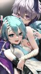  2girls absurdres aqua_eyes aqua_hair bandaged_arm bandages bare_shoulders black_hair black_sleeves collared_shirt commentary covered_mouth detached_sleeves flower_(vocaloid) gradient gradient_background grey_hair grey_shirt hand_on_another&#039;s_head hatsune_miku highres hug long_hair looking_at_viewer lying_on_person multicolored_hair multiple_girls open_mouth purple_eyes rsk_(tbhono) shadow shirt short_hair sleeveless sleeveless_shirt smile torn_clothes two-tone_hair v_flower_(vocaloid4) vocaloid 