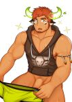  1boy absurdres animal_ears bangs bara black_hoodie bottomless boxer_briefs brown_hair commentary covered_nipples cowboy_shot dressing facial_hair fiery_horns foreskin forked_eyebrows glowing_horns goatee green_male_underwear highres holding holding_clothes holding_underwear hood hoodie horns large_pectorals male_focus male_underwear male_underwear_removed mikicat muscular muscular_male native_american nipple_slip nipples pectoral_cleavage pectorals penis penis_peek sidepec sleeveless sleeveless_hoodie solo sweat thick_eyebrows tokyo_afterschool_summoners uncensored underwear wakan_tanka 