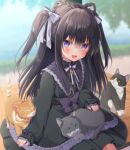  1girl :d animal bangs black_dress black_hair blurry blurry_background bow braid brooch cat commentary_request depth_of_field dress eyebrows_visible_through_hair frilled_dress frills hair_between_eyes hair_bow jewelry long_hair long_sleeves looking_at_viewer nufucha on_bench original puffy_long_sleeves puffy_sleeves purple_bow purple_eyes sitting sleeves_past_wrists smile solo twin_braids two_side_up very_long_hair white_bow 