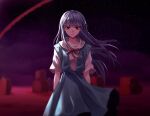  1girl alternate_costume bangs black_ribbon blurry blurry_background braid closed_mouth collarbone cowboy_shot danganronpa:_trigger_happy_havoc danganronpa_(series) expressionless hair_ornament hair_ribbon highres kirigiri_kyouko long_hair looking_at_viewer neck_ribbon neon_genesis_evangelion night night_sky outdoors porary purple_eyes purple_hair red_ribbon ribbon school_uniform shirt short_sleeves single_braid skirt sky solo tokyo-3_middle_school_uniform_(evangelion) 