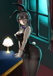  1girl animal_ears bangs bare_shoulders black_gloves black_hair black_legwear black_leotard blue_ribbon blush breasts carpet cleavage commentary_request curtains desk eyebrows_visible_through_hair fake_animal_ears fake_tail gloves green_eyes hair_ornament hairclip highres kantai_collection lamp leotard light long_hair medium_breasts moonlight neck_ribbon night night_sky open_mouth oyashio_(kancolle) pantyhose playboy_bunny rabbit_ears rabbit_tail ribbon shade sky sleeveless solo tail wasumi_kei window 