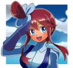  1girl :d bangs blue_eyes blue_gloves blue_jacket blush breasts commentary_request eyelashes gloves hair_ornament jacket koruku13 looking_at_viewer one_side_up open_mouth pokemon pokemon_(game) pokemon_bw red_hair salute shiny shiny_hair short_hair_with_long_locks sidelocks skyla_(pokemon) smile solo teeth tied_hair tongue turtleneck upper_body upper_teeth 