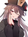  1girl ;p black_headwear blush brown_hair commentary_request e.o. eyebrows_visible_through_hair fingernails genshin_impact hat highres hu_tao_(genshin_impact) jewelry long_hair looking_at_viewer one_eye_closed red_eyes ring simple_background solo star-shaped_pupils star_(symbol) symbol-shaped_pupils tongue tongue_out upper_body white_background 