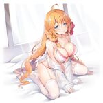  1girl ahoge arm_support ascot ass_visible_through_thighs blue_eyes bra braid breasts collarbone garter_belt hair_ribbon highres indoors lace lace_trim large_breasts long_hair looking_at_viewer multicolored_hair on_bed open_clothes open_shirt orange_hair panties pecorine_(princess_connect!) pillow pinki_o64 princess_connect! red_ascot red_ribbon ribbon see-through see-through_shirt side_braid sitting smile solo streaked_hair thighhighs underwear wariza white_bra white_legwear white_panties window 