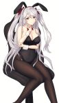  1girl animal_ears azur_lane bare_shoulders black_legwear bow bowtie breasts brown_eyes cleavage closed_mouth covered_navel crossed_arms enchuu_kakiemon eyebrows_visible_through_hair fake_animal_ears feet_out_of_frame hair_bow highres long_hair looking_at_viewer medium_breasts mole mole_on_breast pantyhose playboy_bunny prinz_eugen_(azur_lane) rabbit_ears red_bow red_bowtie silver_hair sitting smile solo white_background 