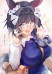  1girl absurdres adjusting_eyewear akiba_monaka animal_ears bag between_breasts blue_eyes blurry blurry_background braid breasts casual commentary_request fang glasses hair_ornament handbag heart highres horse_ears horse_tail large_breasts long_hair open_mouth side_braid solo strap_between_breasts tail translated umamusume zenno_rob_roy_(umamusume) 