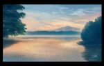  cloud commentary_request dawn forest highres lake landscape morning mountain nature no_humans nzwt original plant reflection reflective_water scenery signature sky snow tree 