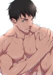  1boy artist_name bangs bara black_hair blue_eyes free! hand_on_own_arm highres large_pectorals looking_at_viewer male_focus muscular muscular_male nipples pectorals short_hair solo suyohara upper_body wet wet_face wet_hair white_background yamazaki_sousuke 
