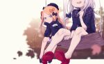  2girls abigail_williams_(fate) absurdres black_bow blonde_hair blue_eyes blush bow breasts daisi_gi fate/grand_order fate_(series) hair_bow happy highres lavinia_whateley_(fate) long_hair long_sleeves looking_at_another multiple_bows multiple_girls open_mouth orange_bow polka_dot polka_dot_bow purple_eyes sitting sleeves_past_fingers sleeves_past_wrists small_breasts smile white_hair 