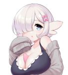 1girl bow breasts cleavage collarbone commission eyebrows_visible_through_hair grey_eyes grey_sweater hair_bow hair_over_one_eye highres large_breasts long_sleeves looking_at_viewer original parted_lips pink_bow short_hair silver_hair sleeves_past_wrists solo susukitten sweater upper_body 