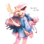 1girl bag bangs blue_coat brown_eyes brown_hair character_doll closed_mouth coat dated dedenne from_side hat hat_ribbon highres holding leaf_(pokemon) long_hair long_sleeves mew pikachu pokemon pokemon_(creature) pokemon_(game) pokemon_frlg r.aka. ribbon scarf shoulder_bag signature skirt white_background white_headwear winter_clothes 