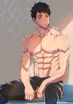  1boy abs alternate_pectoral_size bangs bara black_hair black_male_swimwear blue_eyes closed_mouth free! highres jammers large_pectorals male_focus male_swimwear muscular muscular_male navel nipples pectorals short_hair sitting solo suyohara thick_thighs thighs veins veiny_arms yamazaki_sousuke 