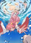  1girl absurdres ahoge bell bubble detached_sleeves diving green_eyes hair_bell hair_ornament hairclip highres hololive looking_at_viewer lovelyme pink_hair sakura_miko sandals sandals_removed underwater virtual_youtuber x_hair_ornament 