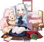  1girl ark_order artist_request backpack bag bangs bed bed_sheet bedroom black_bow black_bowtie blue_eyes blue_skirt blue_sweater book bow bowtie braid closed_mouth cushion faux_figurine food food-themed_hair_ornament fruit full_body gift hair_ornament hat heterochromia holding holding_clothes holding_hat kagura_gumi kagura_mea kamaboko long_hair long_sleeves looking_at_viewer mandarin_orange narutomaki notepad official_art pen pillow pleated_skirt randoseru red_bag side_braid sitting skirt smile solo stuffed_animal stuffed_toy sweater table teddy_bear thighhighs transparent_background two_side_up wariza white_hair white_legwear wooden_floor yellow_eyes younger zabuton 